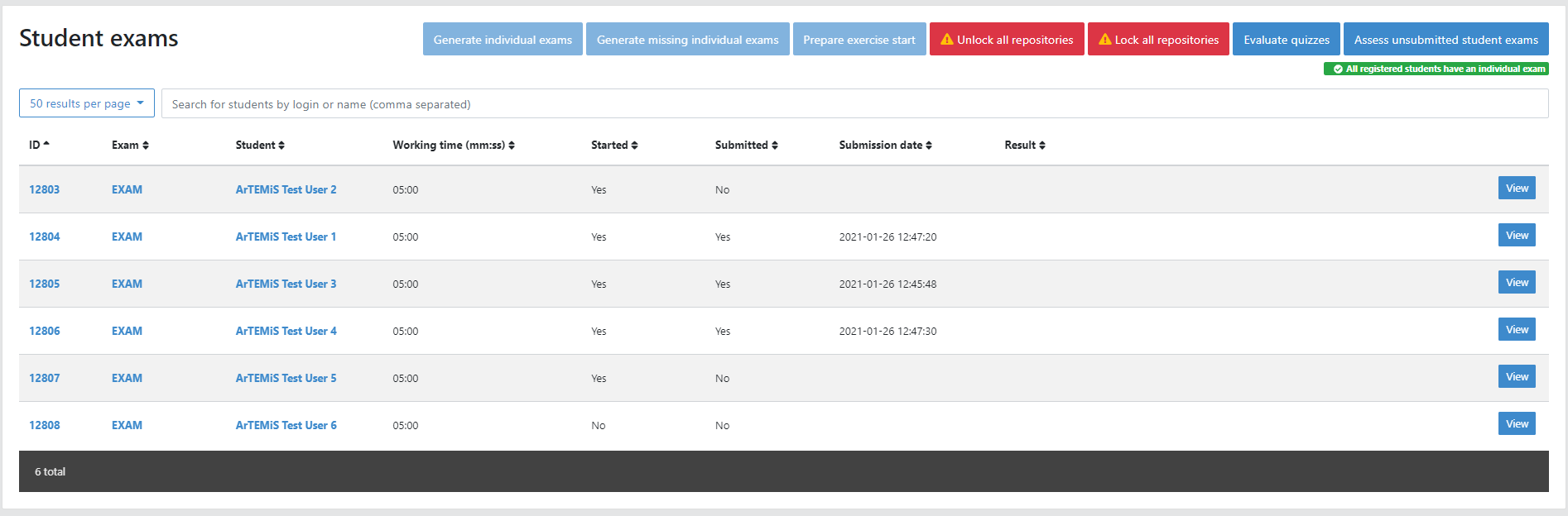 Student Exam Page