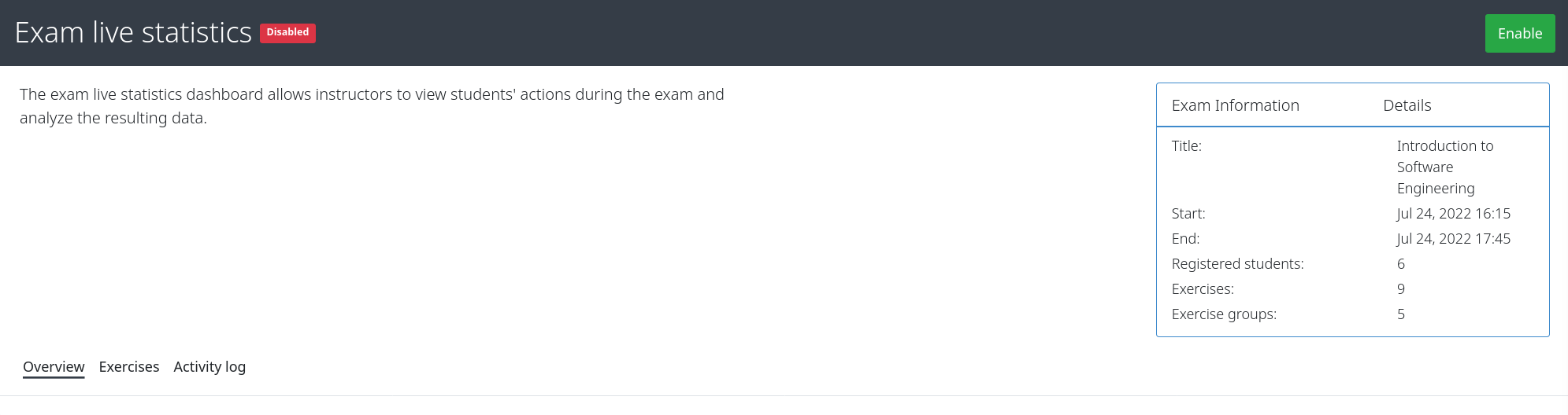 The header of the exam live statistics dashboard