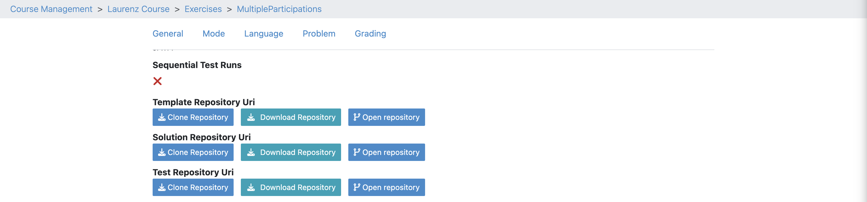 Solution, Template and Test Repositories in Exercise Management Page