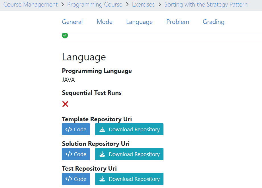 Solution, Template and Test Repositories in Exercise Management Page
