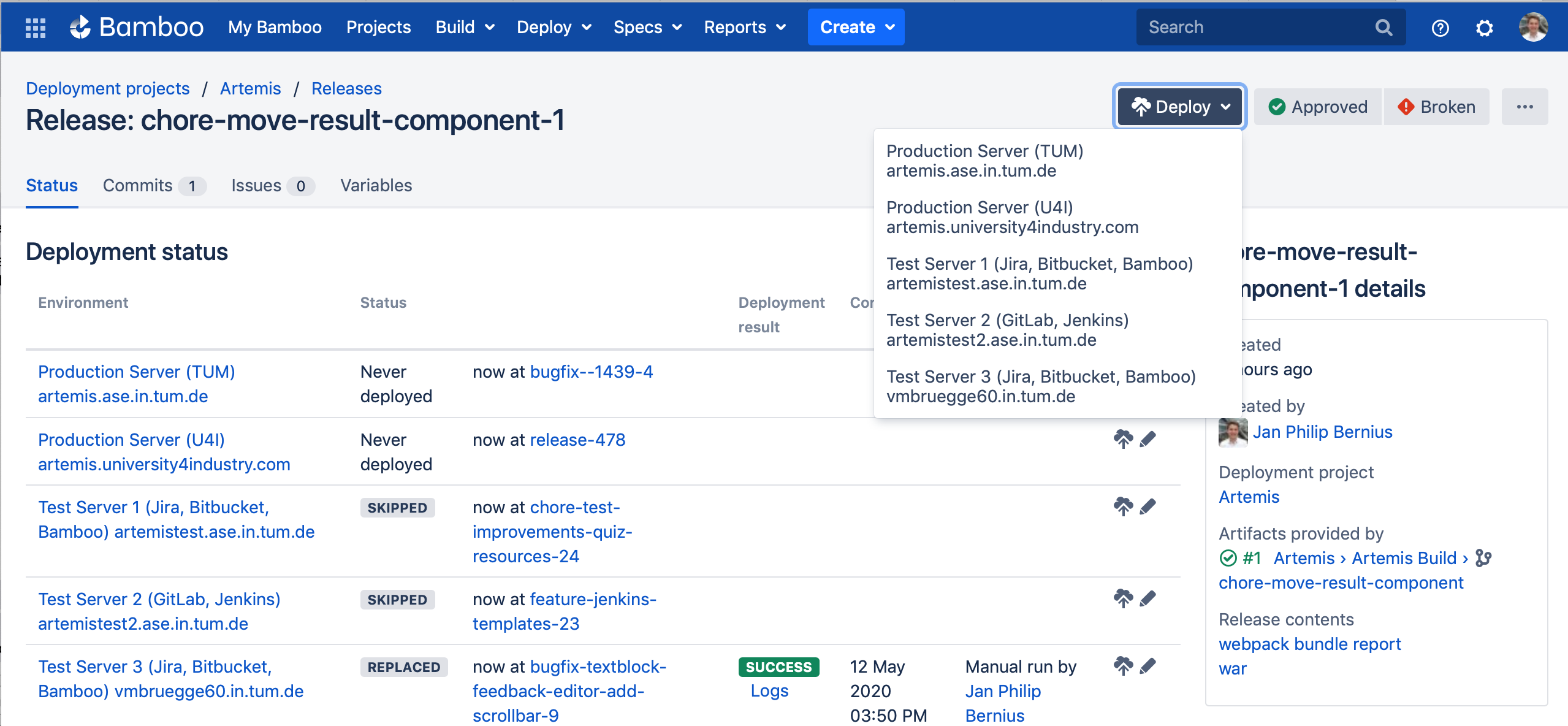 Bamboo UI: Deploy to testserver
